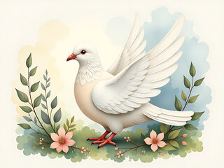 Obraz premium Peaceful Scene Of Christian Dove Amidst Abstract Watercolor Illustration, Conveying A Sense Of Calmness And Serenity In Its Gentle Surroundings. 00003