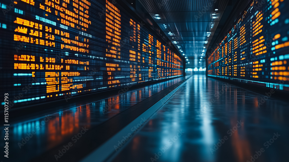 Poster a long hallway with many computer monitors displaying numbers and letters