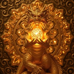 Golden dragon holding illuminated orb in ornate setting.