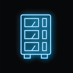 Blue neon sign of a server glowing on a black background