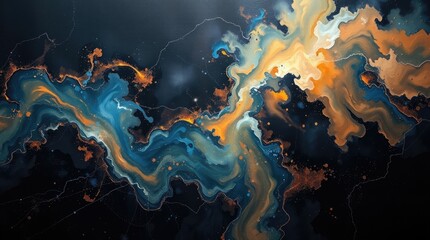 Swirling lines of blue, gold, and white blend together in an energetic dance across a dark backdrop, creating an intriguing and visually stimulating atmosphere