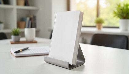 Hardcover book on sleek stand in modern office, creative workspace