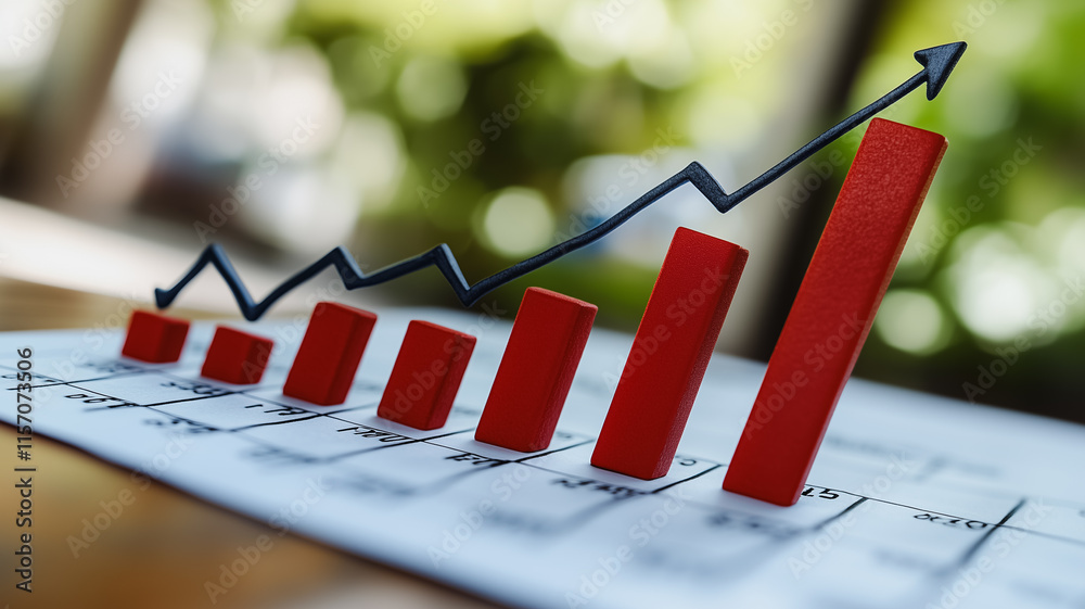 Poster a red bar graph with a red arrow pointing upward