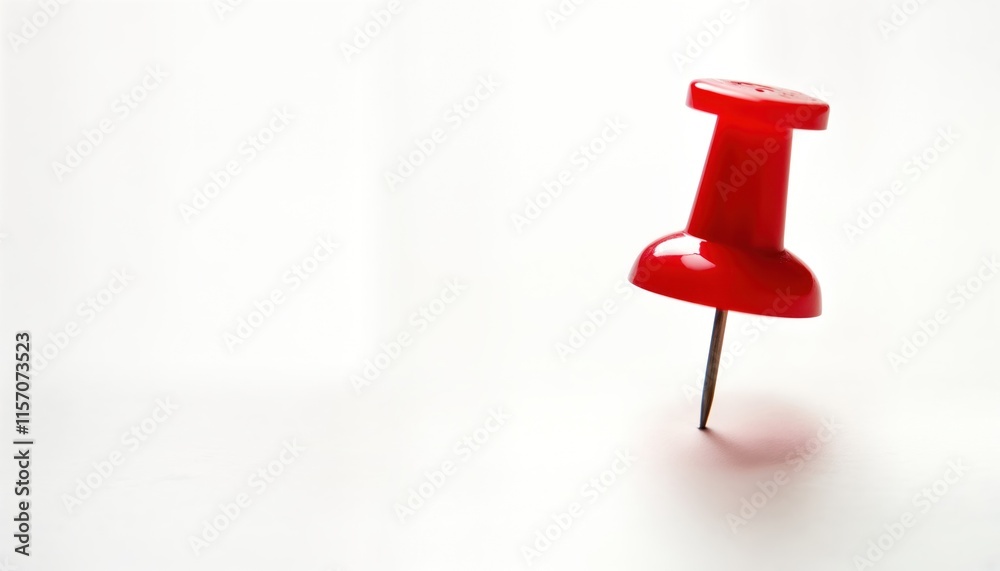 Poster bright red push pin on plain white background. isolated pin. simple office supply. useful for markin