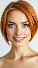 Fototapeta premium A young red hair model with a bob haircut poses for the camera AI-generated woman portrait