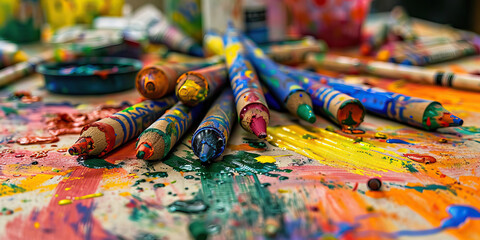 Fototapeta premium Used Crayons on a Paint-Splatted Surface