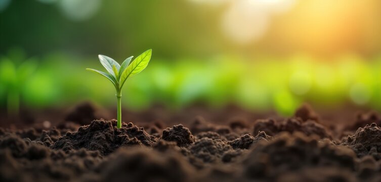 Young plant sprout emerges from fertile soil. New greenery pushes through earth. Springtime growth. Agriculture in progress. Outdoor scene. Beginning of growing season. Lonely sprout signifies