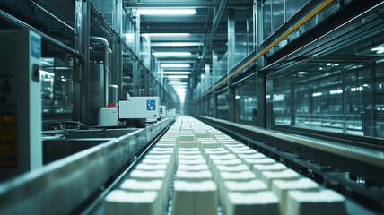 清潔で効率的な日本のミルクパック製品ライン、昼間の農場風景