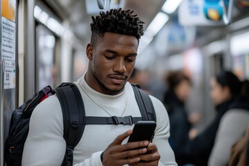 A focused young man attentively uses his smartphone while standing in a busy subway, surrounded by a diverse group of commuters, reflecting modern life and connectivity.