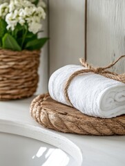 Soft White Towel Wrapped with Twine on Rustic Wooden Surface