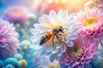Sweet Anime Bee with Vibrant Flower Bouquet Double Exposure - Gentle White Background Stock Photo