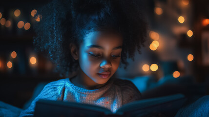 A young girl is reading a book in a dimly lit room