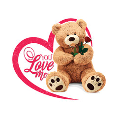 valentine Day Love slogan with a cute bear toy holding roses, Graphic t-shirt design, Vintage typography, and teddy bear drawing. Vector illustration design for fashion graphics, and t-shirt prints.