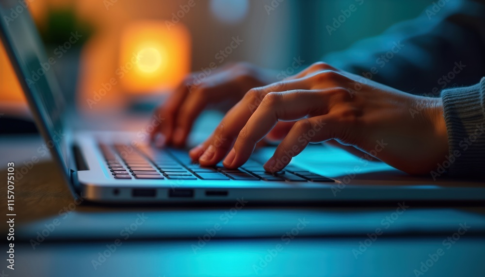 Poster Close-up hands typing on laptop keyboard at night. Person working at home office. Soft lights blur background. Modern tech device. User inputting data. Night time activity. Digital communication in