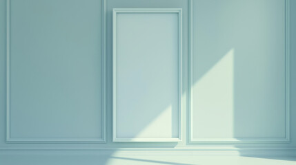 design, 3D render of a simple white vertical frame on the wall, with a minimalistic light blue background and soft shadows.
