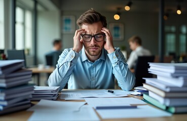 Young man sits at desk overwhelmed by paperwork in office. Stressed expression, holding head. Desk cluttered with stacks of documents. Work overload evident. Seems tired, frustrated. Photo portrays