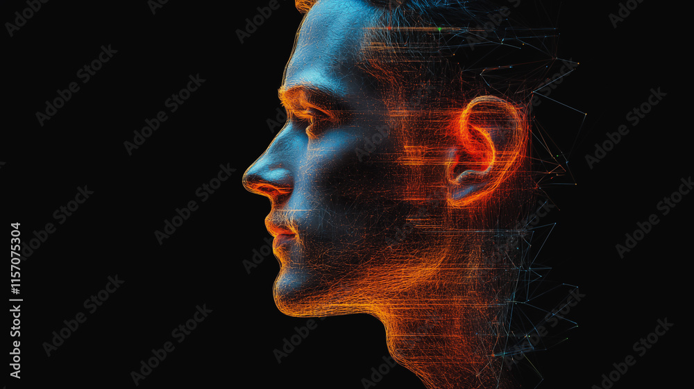 Wall mural a man's face is shown in a computer generated image with a blue background