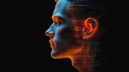 A man's face is shown in a computer generated image with a blue background