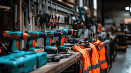 Fototapeta premium Tools and Safety Gear Organized in a Workshop Environment