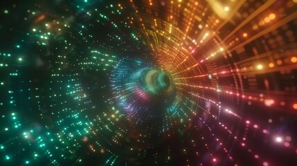 A colorful, glowing tunnel with a rainbow of colors. The tunnel is surrounded by a bright, colorful glow