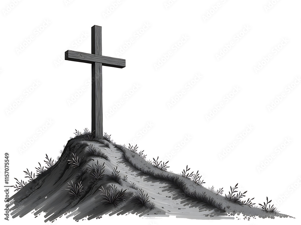 Poster painted christian cross on a hill isolated on white background with copy space in black and white si