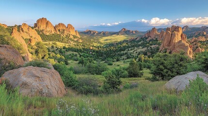 Golden hour illuminates a scenic valley nestled between dramatic rock formations.