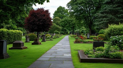 Fototapeta premium A serene cemetery features rows of old tombstones nestled in vibrant green grass under a clear blue sky