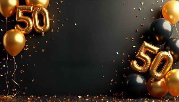 Golden 50th birthday party celebration background with golden numbers, balloons. Party invitation menu template design. Festive black, gold decor. Jubilee celebration golden wedding anniversary.