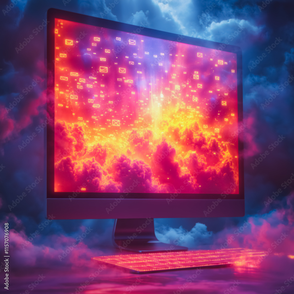Poster a computer monitor is lit up with a bright orange glow and surrounded by clouds. concept of chaos an