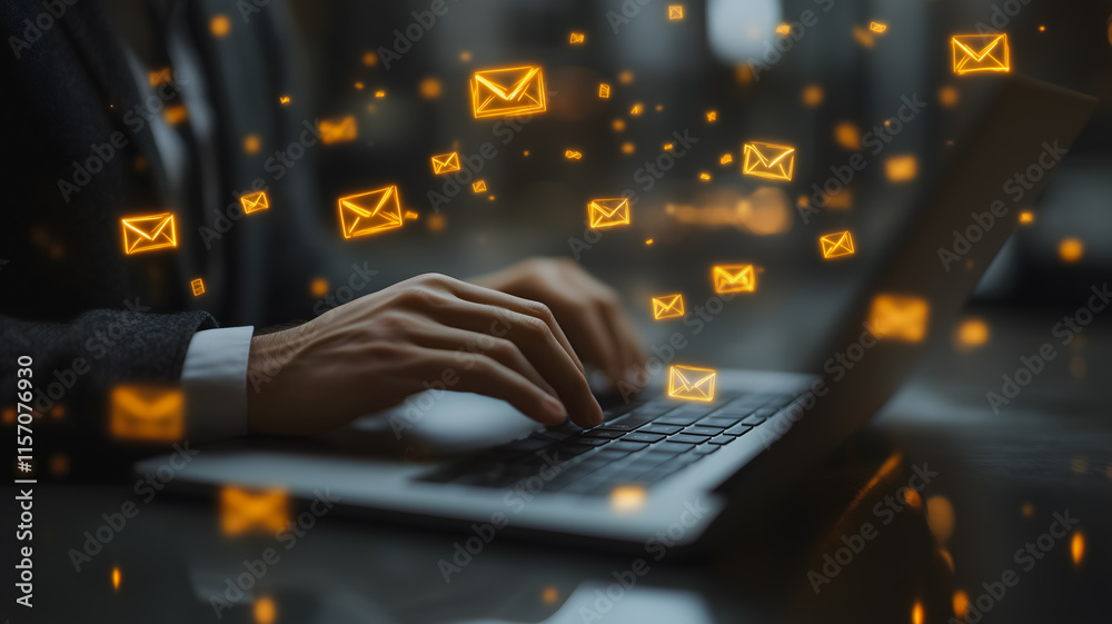 Poster a man is typing on a laptop with a large number of emails displayed on the screen. concept of a busy