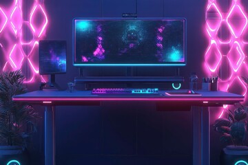 Futuristic Desk Setup with Holograms and Glowing Effects