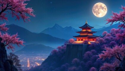 Obraz premium Majestic temple glows under moonlight. Cherry blossom trees frame stunning mountain view. City lights twinkle below. Night scene evokes tranquility, beauty. Pagoda shines brightly against serene sky.