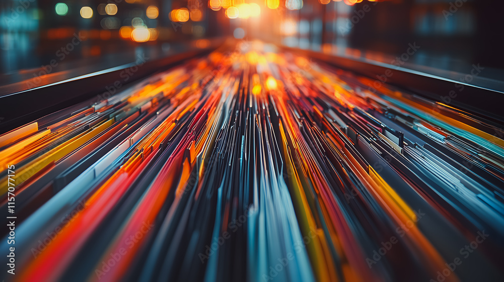 Poster a colorful, abstract image of a line of rainbow colored files. the image is a representation of the 