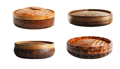 Four wooden bowls with different designs and patterns. The bowls are arranged in a grid, with each one having a unique look. Scene is one of variety and diversity, showcasing the different styles