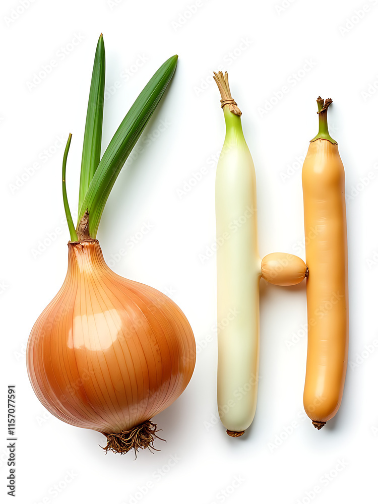 Poster onions and a bean are isolated on a white background, forming letters g and h that resemble vegetabl