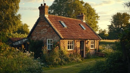 Fototapeta premium Rustic brick cottage nestled in a vibrant garden at sunset.