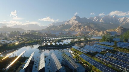 A large-scale solar array integrated into a solar farm, creating a vast energy-generating landscape for clean energy production.