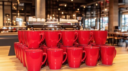 Stack of Red Coffee Mugs in Modern Cafe with Cozy Atmosphere