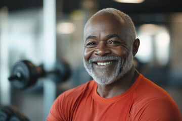 Obraz premium man with a big smile on his face is wearing an orange shirt. He is posing for a picture in a gym