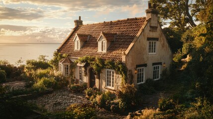 Coastal cottage at sunset, charming stone house with ocean view.