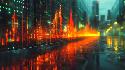 A cityscape with a large green and red line that is a graph. The graph is orange and has a lot of dots. The cityscape is lit up and the graph is lit up as well