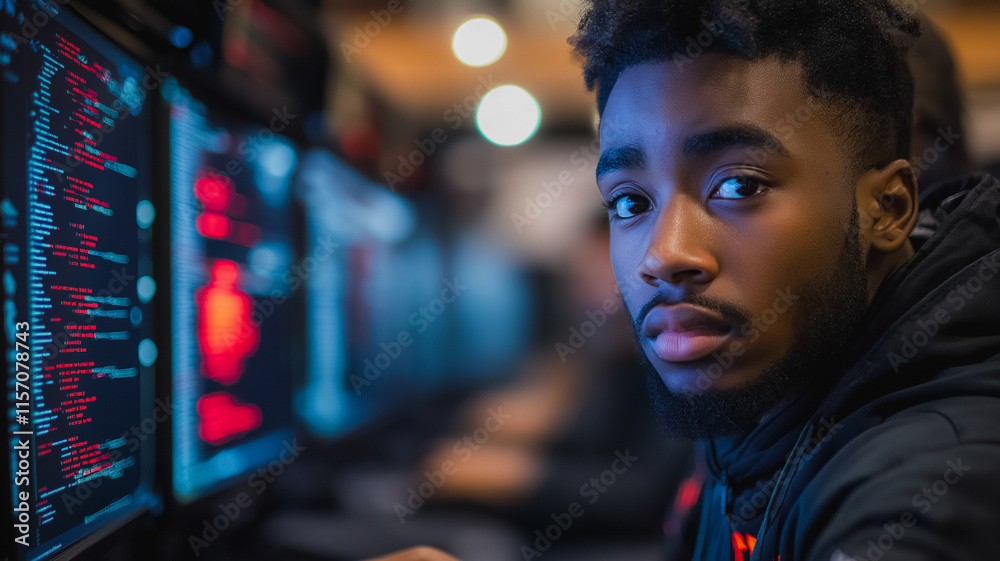 Canvas Prints A man with a beard and a black hoodie is looking at a computer screen. The screen is filled with red text, which could be a warning or an error message