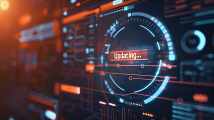 Close-up of digital screen showing software update progress bar with loading circle and "Updating..." text, surrounded by technical icons and code snippets.