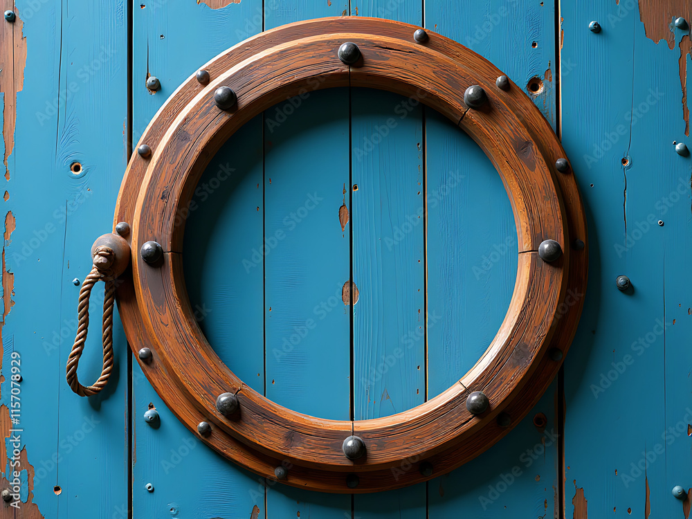 Poster old wooden porthole is closed, its empty frame surrounded by a worn blue background with visible kno