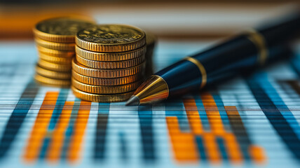 Fototapeta premium A pen is on top of a pile of coins. The coins are gold and the pen is black
