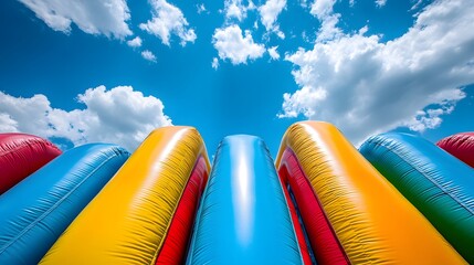 Colorful inflatable bounce castle dominates the scene against a bright blue sky with puffy white clouds, featuring bright primary colors of yellow, red, blue and green, photographed from a low angle