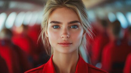 Naklejka premium A woman with blonde hair and blue eyes is wearing a red jacket. She is the main focus of the image