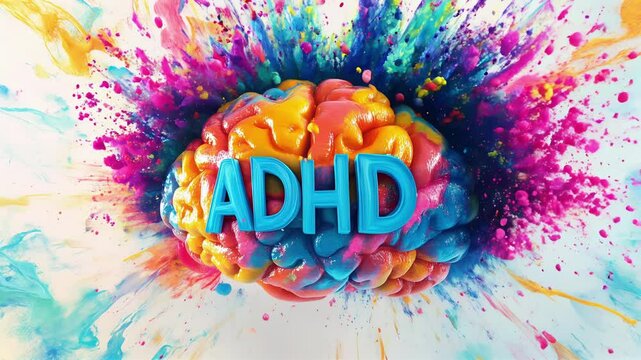 ADHD lettering on colorful brain exploding with paint splashes on white background, neurodiversity and attention deficit hyperactivity disorder concept.