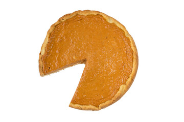 Pumpkin pie with caramel sauce on the white background. Traditional cake. Ready to eat. Cooking concept. Halloween time
