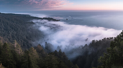 Obraz premium design, A view of the ocean from above, with mist covering it and trees below, at dawn, in California's redwood forests. The sky is a mix of pink and blue, with some clouds visible.